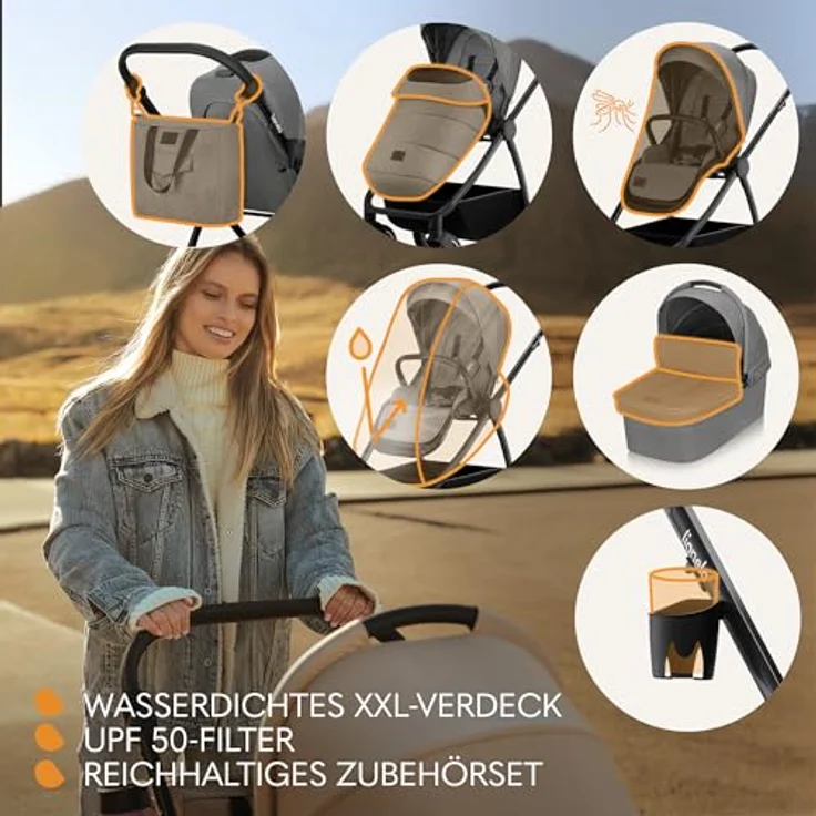 Lionelo Meril Kombikinderwagen 3-in-1, Babywanne bis 9 kg, Kindersitz bis 13 kg, für 0-48 Monate bis 22 kg, Geländeräder 360°, Vollfederung - Grau – Bild 8