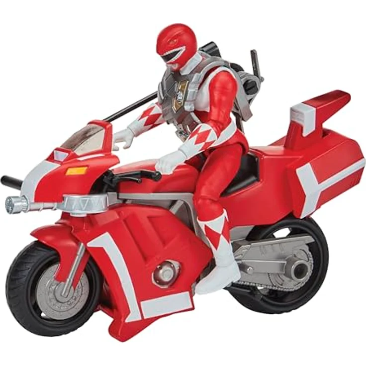 Merkloos Battle Bike mit Red Ranger Actionfigur, offiziell lizenziertes Playmates Spielzeugmotorrad für kreatives Rollenspiel, 18 cm – Bild 3