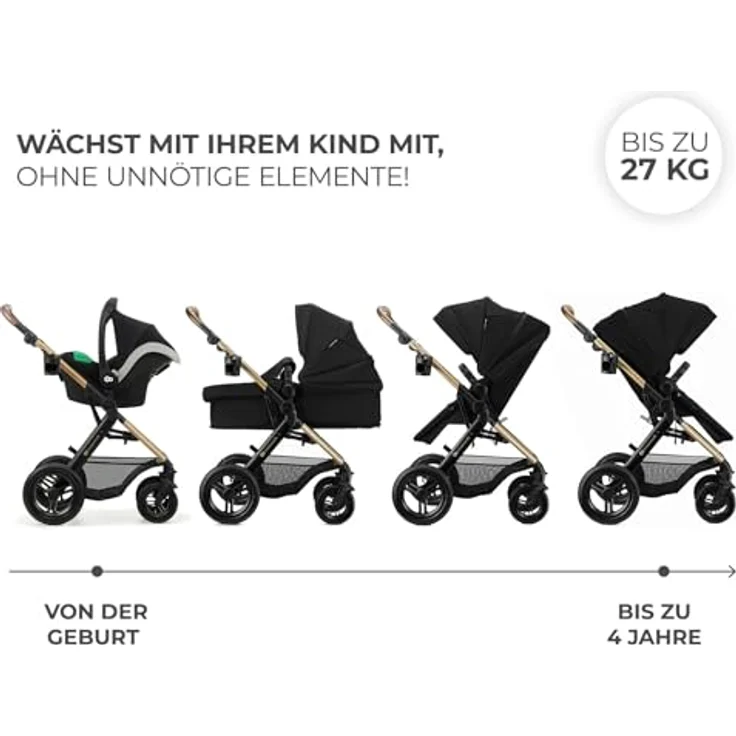 Kinderkraft MOOV XL, 3-in-1 Kinderwagenset bis 27 kg mit I-SIZE Kindersitz (40-75 cm), große aufblasbare Räder, dämpfender 2-in-1 Sitz, XL Babywanne, Zubehörset, Schwarz – Bild 4