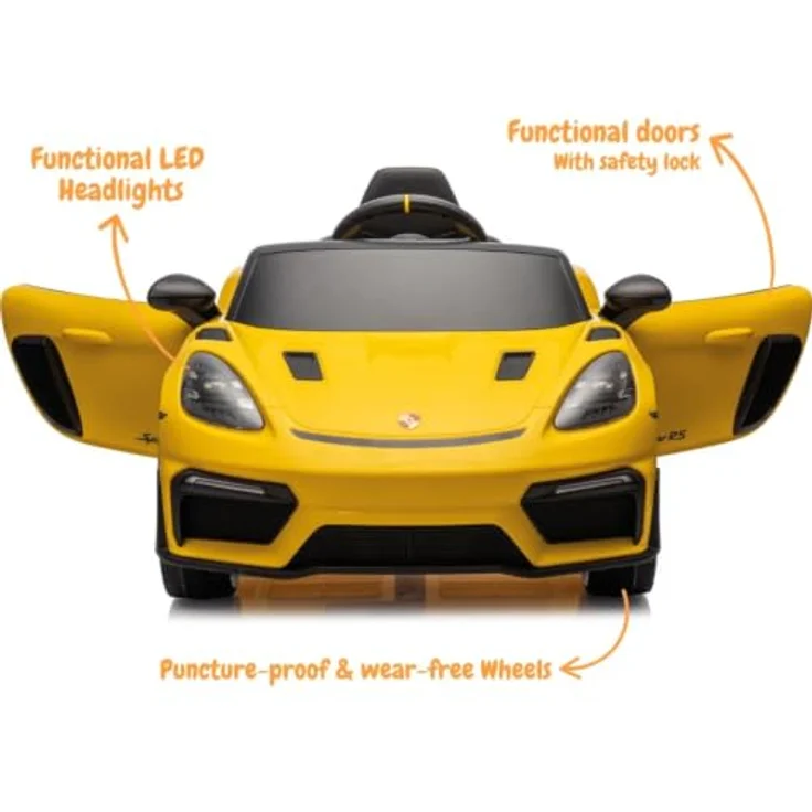 Vrooomy Porsche 718 Spyder RS, Kinder Elektroauto 12V mit Fernbedienung, für 1 bis 5 Jahre, Gelb, MP3-Player, Sicherheitsgurt, LED-Beleuchtung – Bild 3