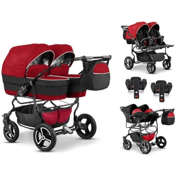 Elcar Zwillingskinderwagen 5 in 1 Twin Star inkl. Autositze und Iso Bases - 14 Teile - Federung und Luftbereifung, in 16 Farben
