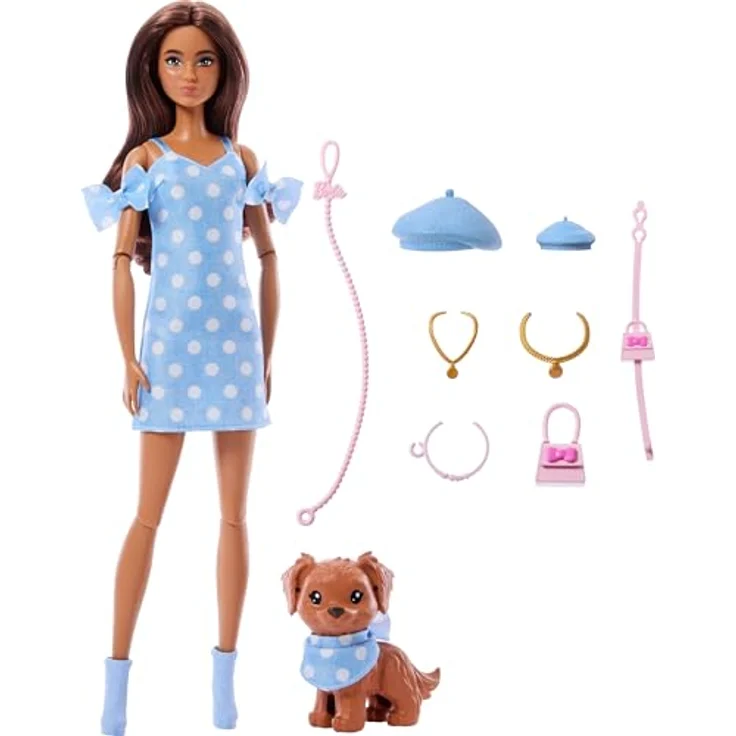 Barbie Twinning Looks JFP38, Puppe mit Hündchen im blauen Pünktchen-Outfit, mit Baskenmützen, Halsketten und Handtaschen, brünett – Bild 5