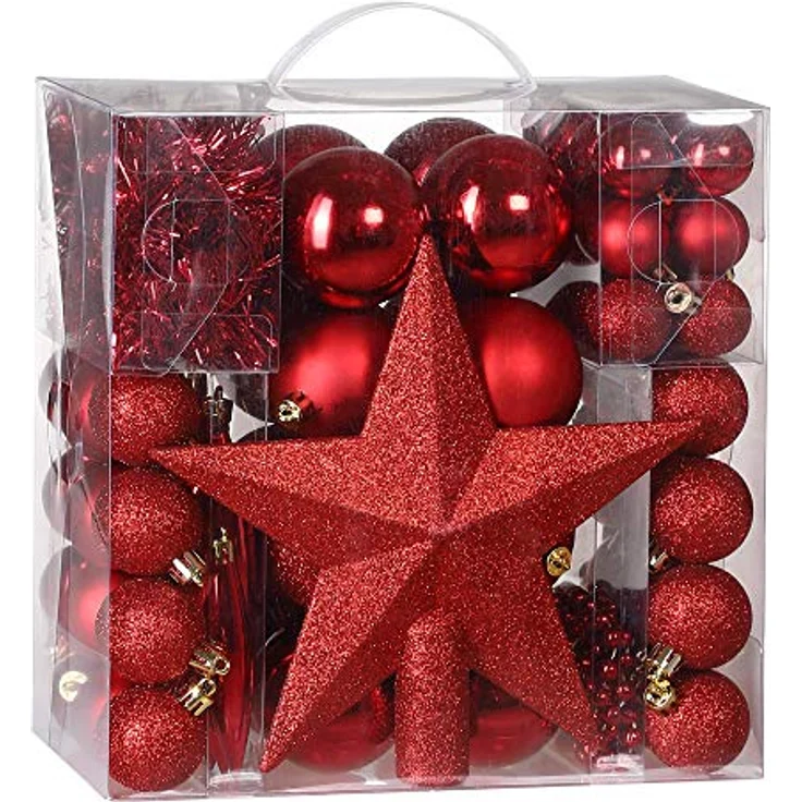Deuba® Weihnachtskugeln 77tlg Ø 3-7cm Kunststoff matt glänzend Christbaumkugeln Christbaumschmuck Anhänger Weihnachtsbaumkugeln Weihnachtsdeko Rot - Preisvergleich – Bild 1