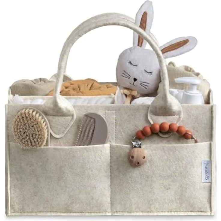 PUTSKA Windelkorb Organizer, extra großer Aufbewahrungskorb mit 6 Taschen und 3 Fächern, ideal für Wickelstation und Kinderzimmer, Weiß – Bild 1