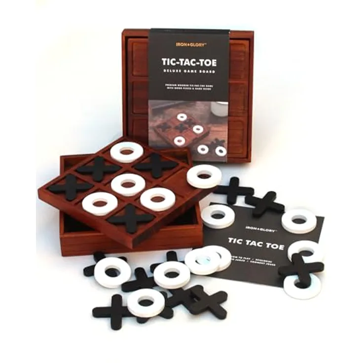 Iron And Glory Luckies Brettspiele-17774 Deluxe Tic-Tac-Toe aus Holz mit 10 Holz-Spielfiguren, braun/weißes Fell
