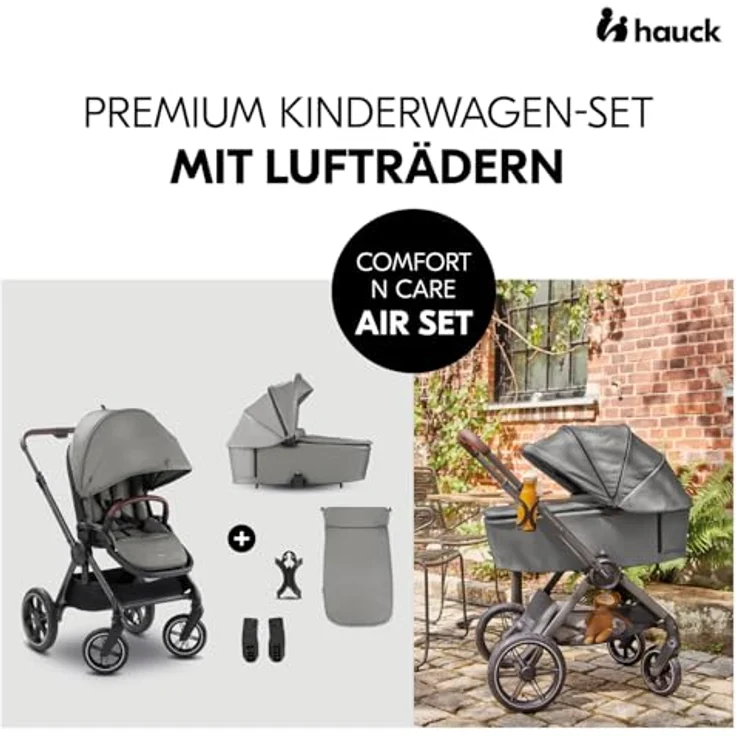 Hauck Kombi-Kinderwagen Comfort N Care Air Set, 2 in 1 mit Luftreifen, inkl. Babywanne, Sportsitz, Beindecke und Getränkehalter, Dark Grey, mit Gratis Mobilitätsgarantie – Bild 2