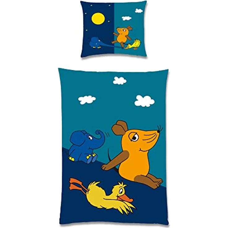 BERONAGE Die Sendung mit der Maus Kinder-Bettwäsche Night Blau 135 x 200 + 80 x 80 100% Baumwolle Renforcé-Linon-Qualität Sterne Ente Elefant Mond Wende-Bettwäsche mit Reißverschluss deutsche Größe – Bild 3