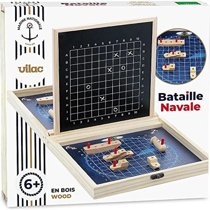 Vilac Bataille navale - Marine nationale, Brettspiel mit wiederbeschreibbarer Schiefertafel und Jutesäckchen, zusammenklappbare Holzbox – Bild 8