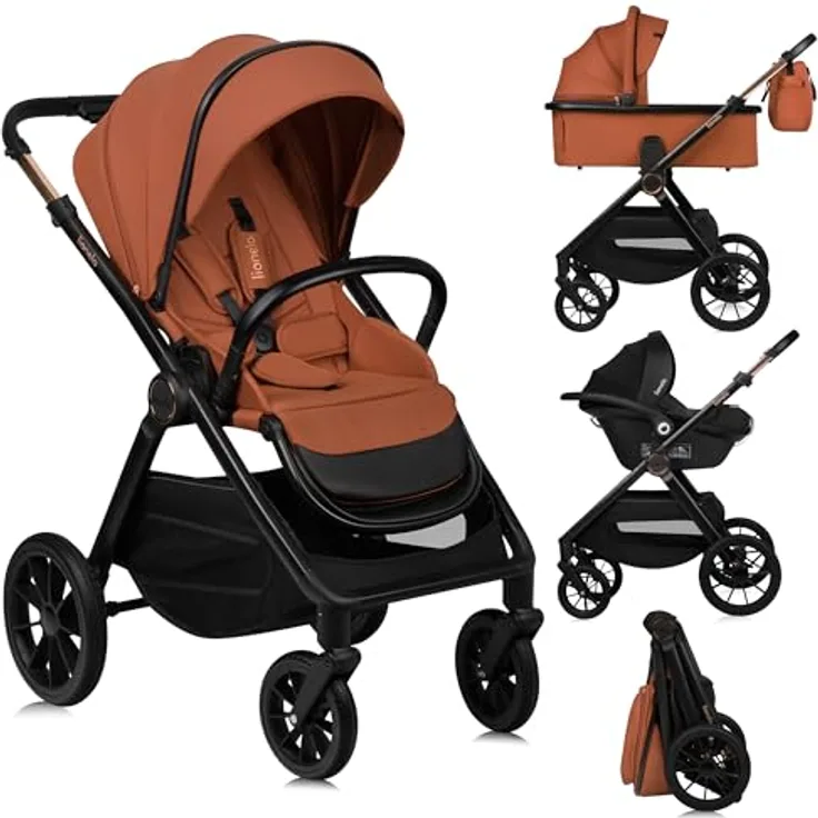 Lionelo LO-Layla 3in1 Kinderwagenset, Kombikinderwagen in Cognac, 3-teilig mit Babywanne, Babyschale und Sportwagenaufsatz, EN 1888, All-Terrain-Räder