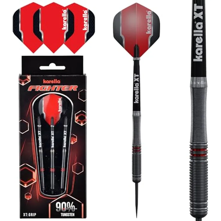 Karella Steeldart "Fighter", 90 % Tungsten, schwarz, 22 g mit grober Ringstruktur und Karella XT Shafts