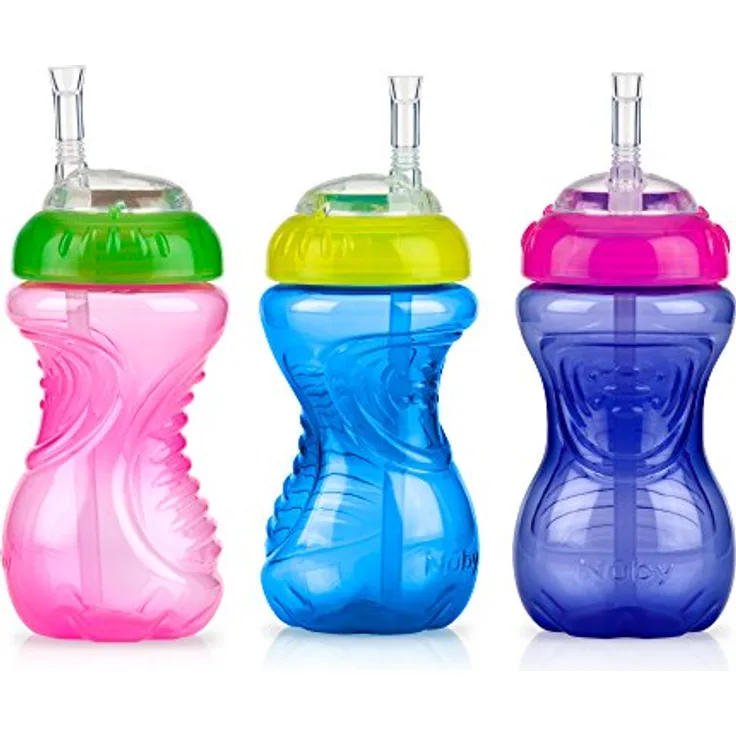 Nuby No-Spill Schnabelbecher mit flexiblem Strohhalm, rosa, 300 ml, 3er-Pack, auslaufsicher, für 12+ Monate