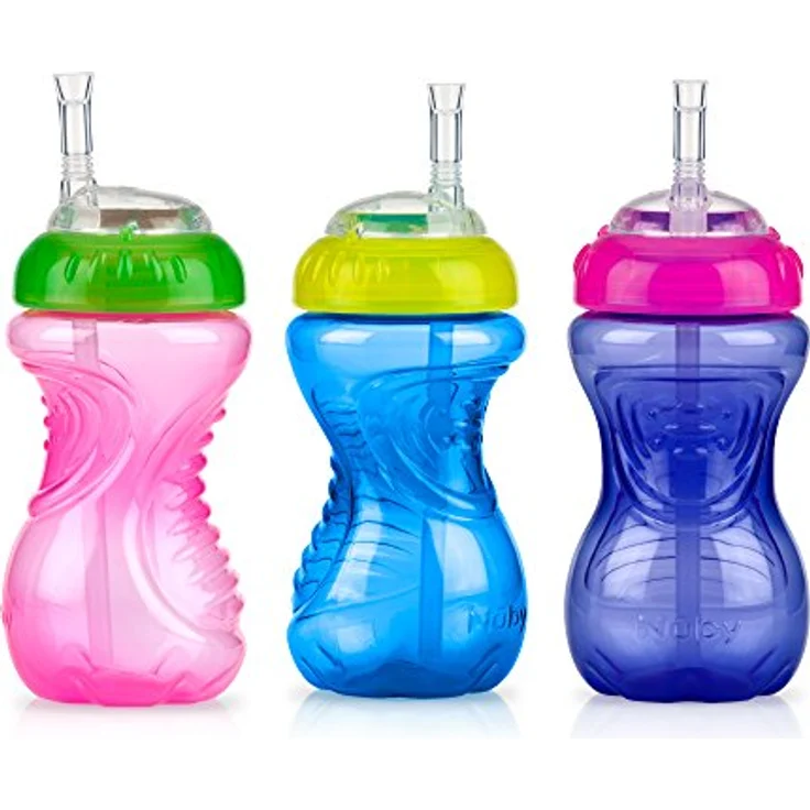 Nuby No-Spill Schnabelbecher mit flexiblem Strohhalm, rosa, 300 ml, 3er-Pack, auslaufsicher, für 12+ Monate – Bild 1