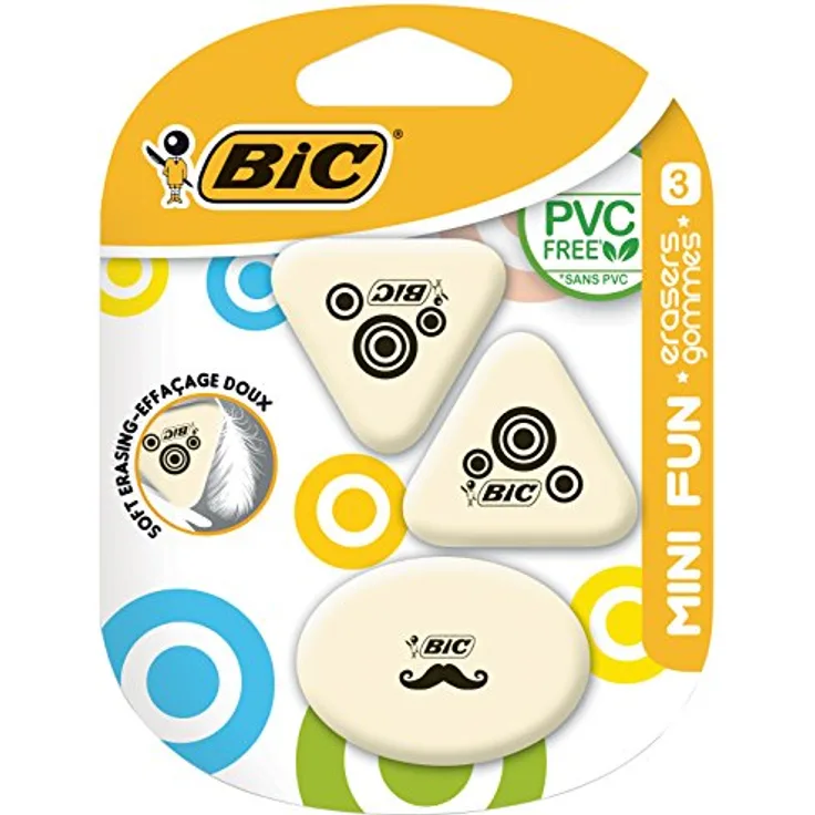 BIC Radierer Mini Fun aus synthetischem Kautschuk, Blister à 3 Stück