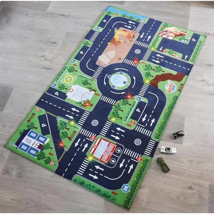 Buki BUKI 5702 Straßenteppich mit Licht, rutschfest, 72 x 120 cm, inkl. 3 Autos, für Kinder ab 3 Jahren – Bild 2