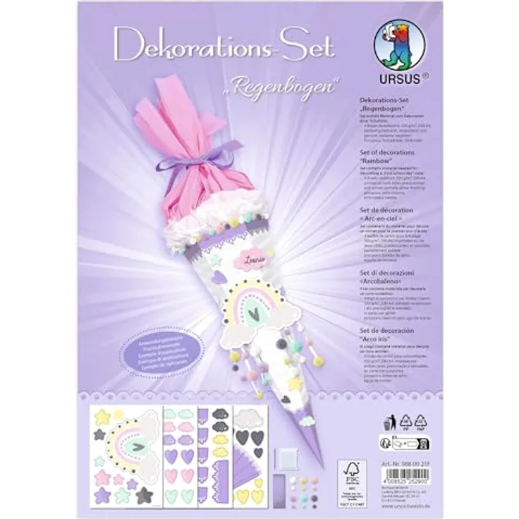 Ursus - Ludwig Bähr Schultüte DEKO-SET Regenbogen, 4 Bogen Bastelkarton, 350 g/m², beglittert mit Satinband, DIN A4