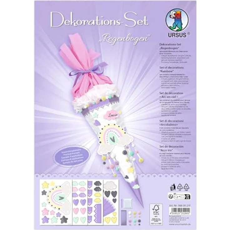 Ursus - Ludwig Bähr Schultüte DEKO-SET Regenbogen, 4 Bogen Bastelkarton, 350 g/m², beglittert mit Satinband, DIN A4 – Bild 1