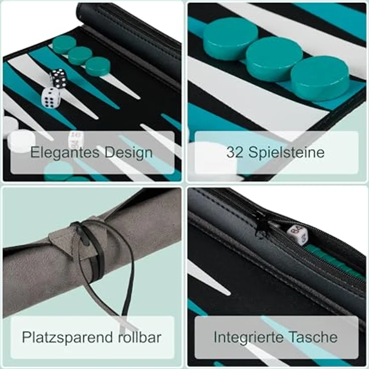 Relaxdays Backgammon zum Aufrollen, Reise-Brettspiel in schwarzer Lederoptik mit integrierter Tasche für Spielsteine und Würfel – Bild 5
