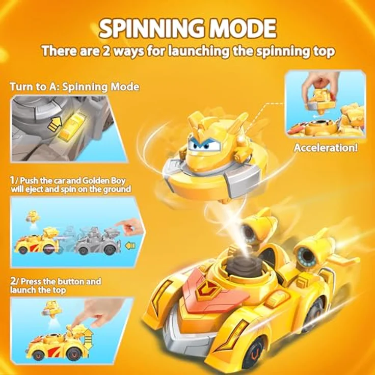 Super Wings Spinning Golden Boy & Vehicle, 14 cm großes Super-Fahrzeug mit 2 Modi, inkl. Mini-Golden Boy Kreisel, für Kinder ab 3 Jahren – Bild 2