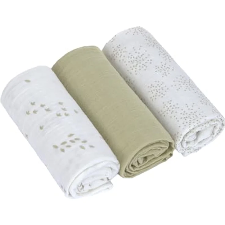 LÄSSIG Baby Puckdecke Spuckdecke Pucktuch Mulltuch 3er Set Baumwolle 60 x 60 cm/Swaddle & Burp Blanket M Leave Olive/Milky Bio-Baumwolle atmungsaktiv & pflegeleicht – Bild 1