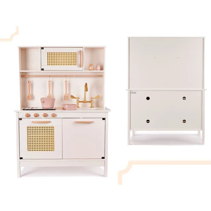 Ikonka Puppenhausmöbel Kinderküche, Montessori-inspirierte Holzküche mit Kühlschrank, LED-Beleuchtung und umfangreichem Zubehör, weiß