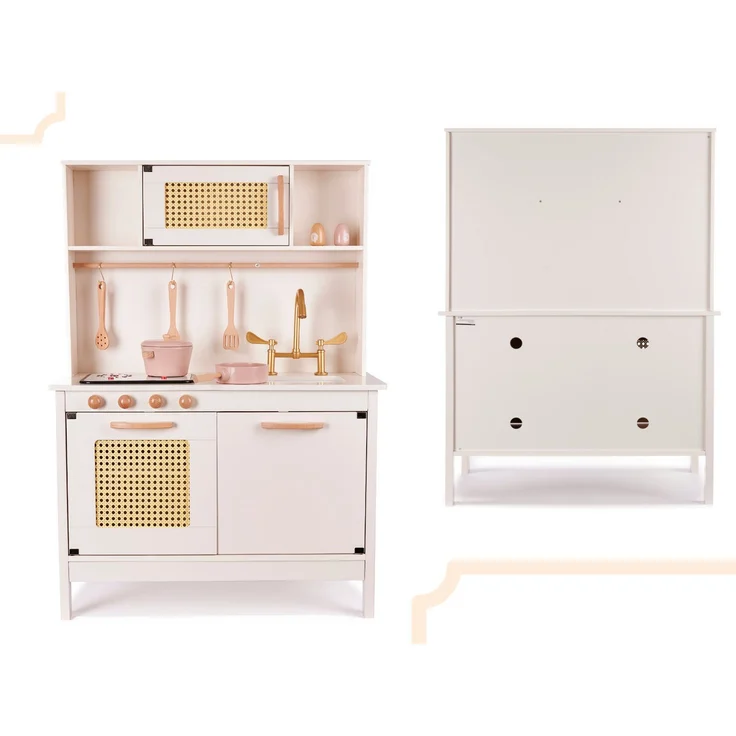 Ikonka Puppenhausmöbel Kinderküche, Montessori-inspirierte Holzküche mit Kühlschrank, LED-Beleuchtung und umfangreichem Zubehör, weiß