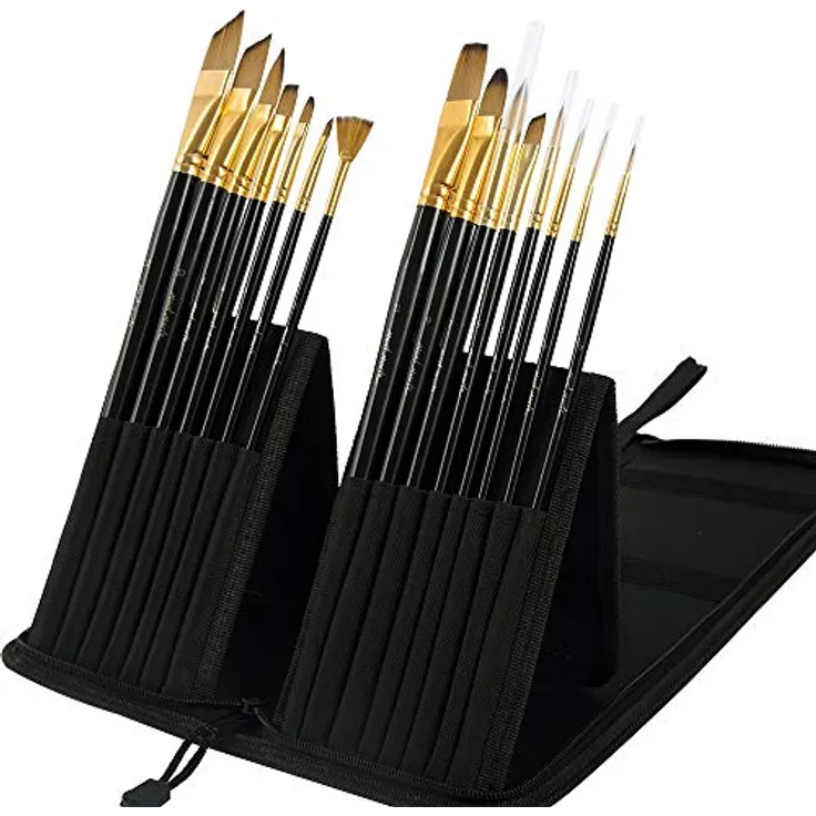 Mont Marte Pinsel Set 15 Stück, Premium Pinsel in edler Pinseltasche für Wasserfarben, Acrylfarben und Ölfarben, ideal für Anfänger und Profis