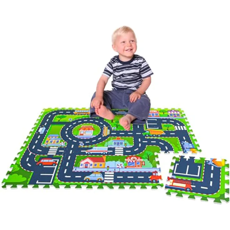 LittleTom 12 Teile Puzzlematte Straße für Kinder - 30x30 Indoor & Outdoor - Spielzeug Autostrasse Puzzle - Spielteppich Straße Spielmatte Auto Kinderteppich in Blau