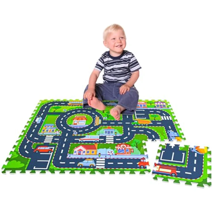 LittleTom 12 Teile Puzzlematte Straße für Kinder - 30x30 Indoor & Outdoor - Spielzeug Autostrasse Puzzle - Spielteppich Straße Spielmatte Auto Kinderteppich in Blau – Bild 1