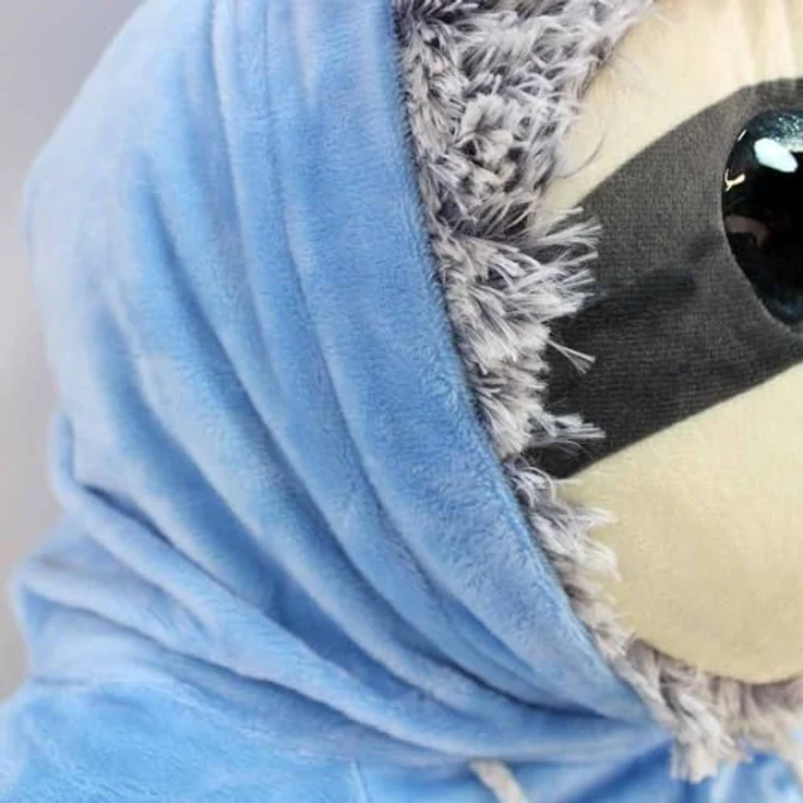 BEMIRO Faultier Kuscheltier XXL – 80 cm, Füllung aus 100% recyceltem Material, mit Hoodie, glitzernde Augen, kuschelig weich (Blau) – Bild 4