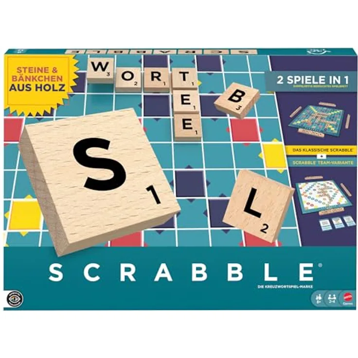 Mattel Games Scrabble Brettspiel, klassisches Familienwortspiel mit Buchstabensteinen und Holzbank, zwei Spielmöglichkeiten inklusive Scrabble Together, deutsche Ausgabe, JGR62