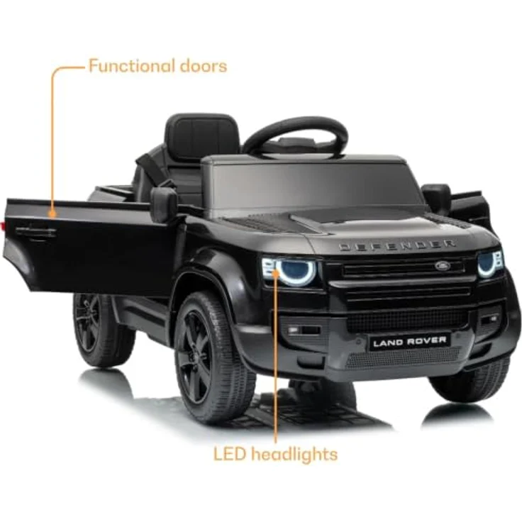 Vrooomy Land Rover Defender 90 Elektro-Kinderfahrzeug 12V mit Fernbedienung, EVA-Rädern, 3-Punkt-Gurt, funktionierenden Türen und MP3-Player – Schwarz – Bild 3