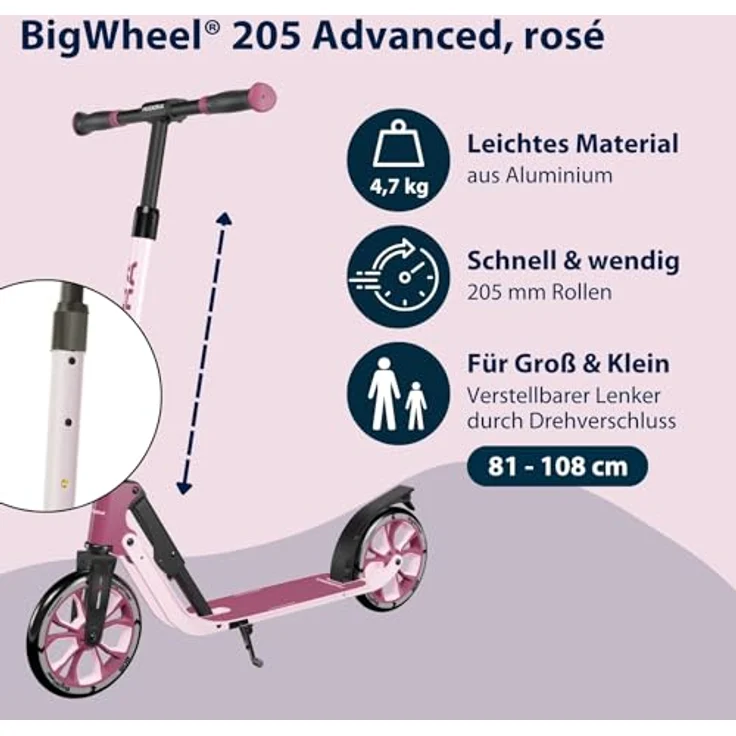HUDORA BigWheel® 205 Advanced, Aluminium-Tretroller für bis zu 100 kg, höhenverstellbar und zusammenklappbar, rosé – Bild 2