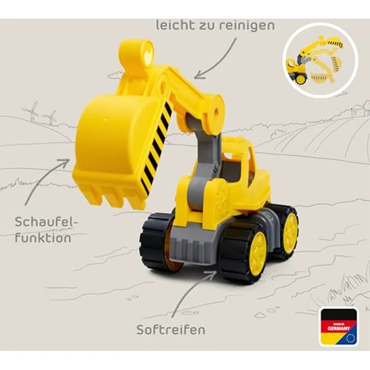 BIG Power Worker – Classic Bagger (21cm) mit beweglichem Baggerarm und Softreifen, Spielzeugauto für Kinder ab 2 Jahren, Gelb – Bild 4