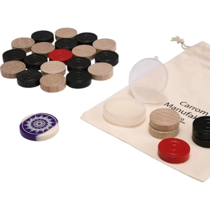 Gico Carrom Manufaktur Spielsteine Turnier Extra – Set mit Striker, 2104, Holz, 31 mm Durchmesser, schwarz/natur/rot – Bild 2