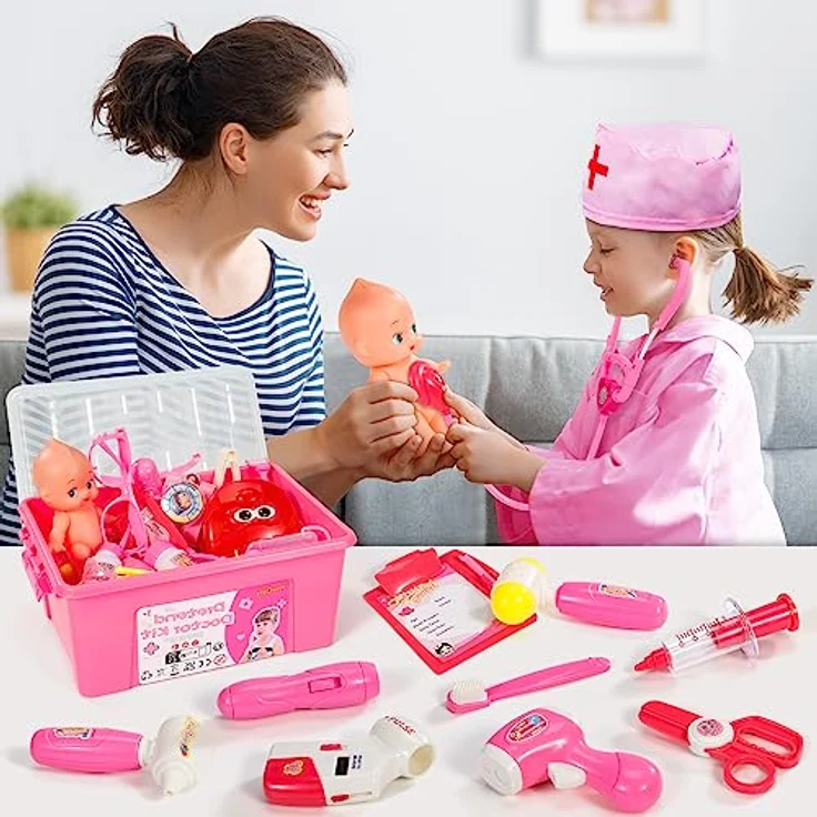 Fivejoy 43Stk Arztkoffer Kinder ab 3 Jahre, Doktorkoffer Kinder Rollenspiel Spielzeug mit Rosa Arztkittel and Puppe, Doktor-Spiel-Set Medizinischer Koffer Geschenk für 3 4 5 Jährige Mädchen(Rosa) - Preisvergleich – Bild 9