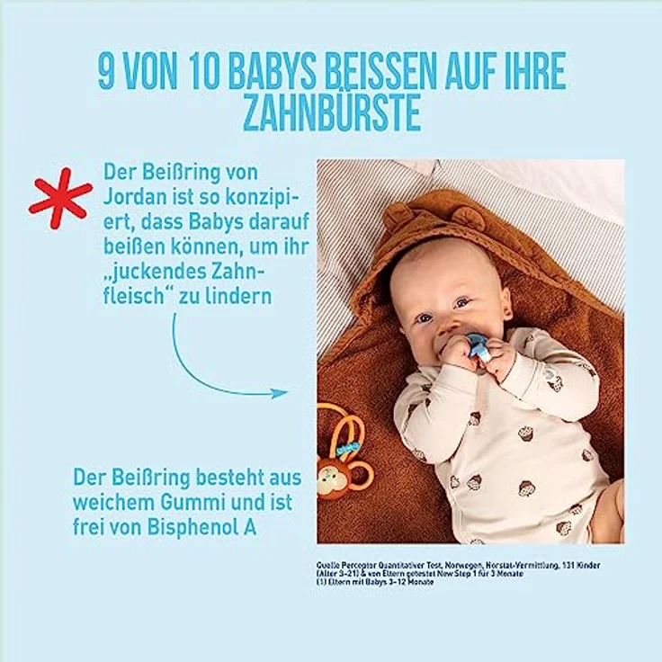 Jordan ® Step 1 Baby Zahnbürste, Original Kleinkindzahnbürste mit extra weichen Borsten, sanftem Beißring und Easy Grip, für Babys 0-2 Jahre, Rosa und Lila, 2-pack – Bild 3