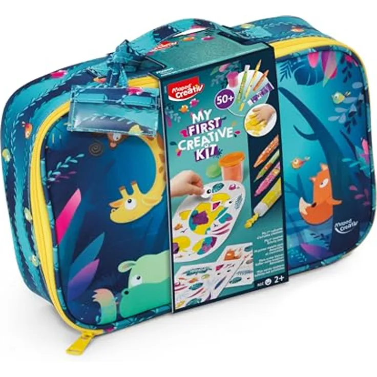 Maped CREATIV – 907059 Bastel-Koffer JUNGLE FEVER – 50-tlg. Set mit Jumbo-Buntstiften, Filzstiften, Kreiden, Fingerfarben, Modelliermassen und Aufklebern