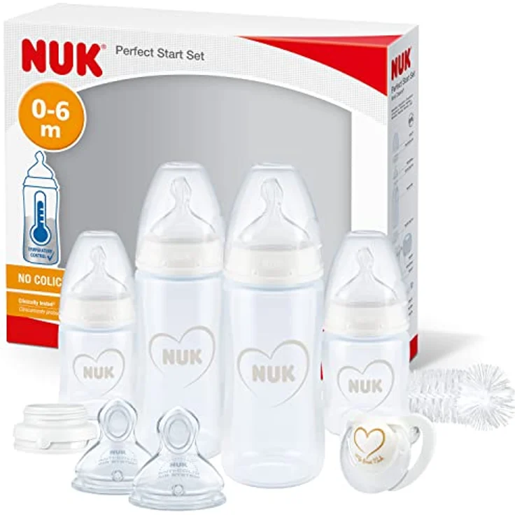 NUK Perfect Start First Choice+ Babyflaschen-Set | 0–6 Monate | 4 x Flaschen mit Temperaturkontrolle, Schnuller, Flaschenbürste & mehr | BPA-frei | Herz (neutral) | 10 Stück – Bild 1