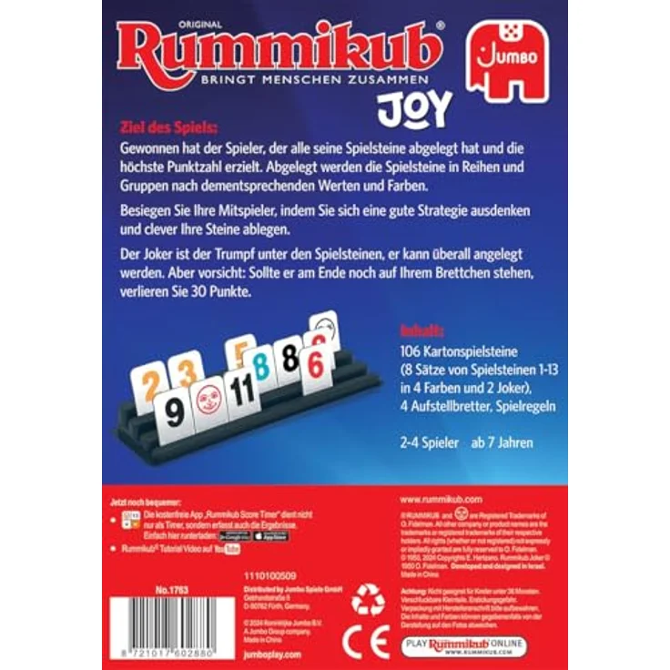 Jumbo Rummikub - Joy, Brettspiel für Erwachsene und Kinder ab 3 Jahren, mit Würfeln und Spielsteinen – Bild 3
