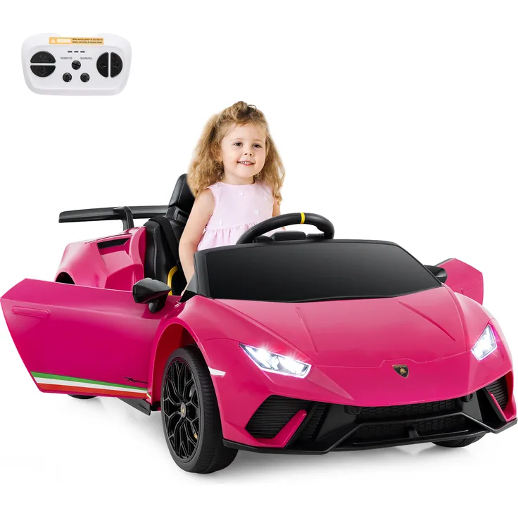 Dreamade Lamborghini Kinder Elektroauto, 12 V Batteriebetriebenes Fahrzeug, LED-Leuchten, Musik, Sanfter Start, Pink