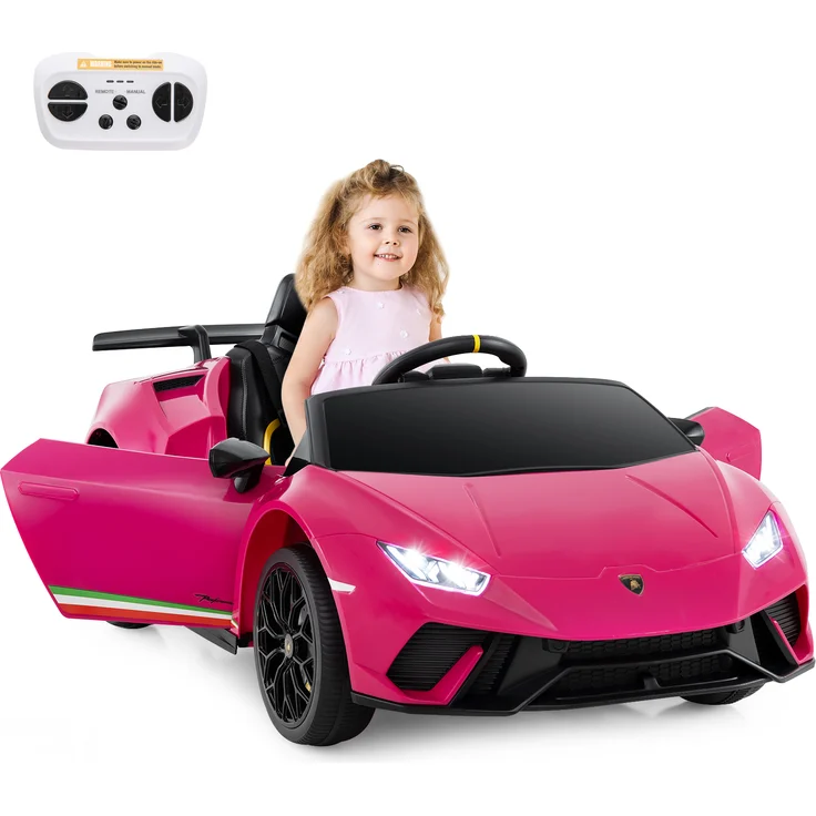 Dreamade Lamborghini Kinder Elektroauto, 12 V Batteriebetriebenes Fahrzeug, LED-Leuchten, Musik, Sanfter Start, Pink