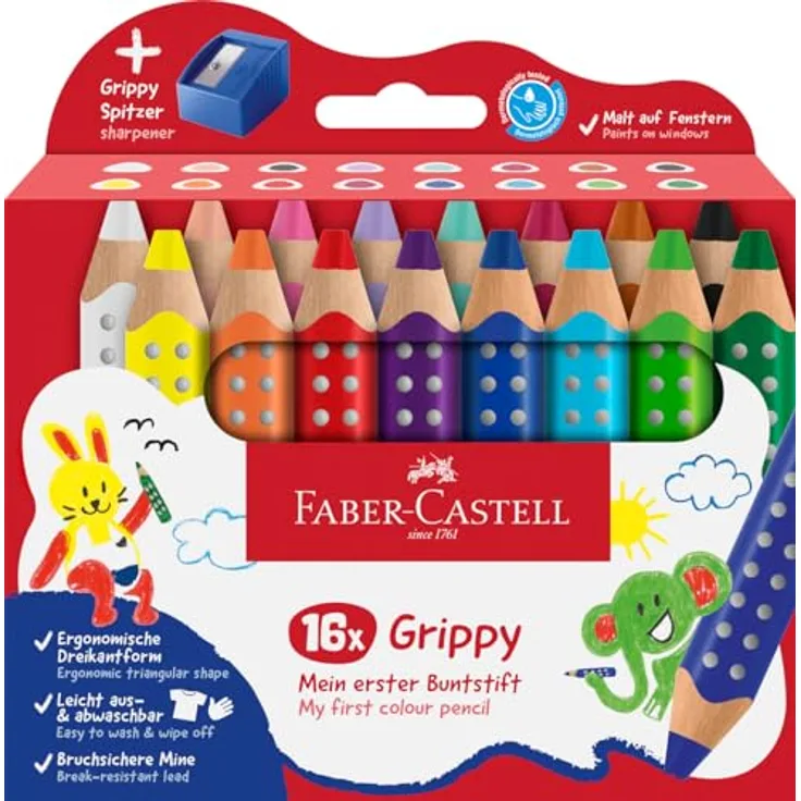 Faber-Castell Grippy 110645, Buntstift Set (16-tlg) mit ergonomischer Dreikantform und sicherem Anspitzer, bruchfest und wasservermalbar