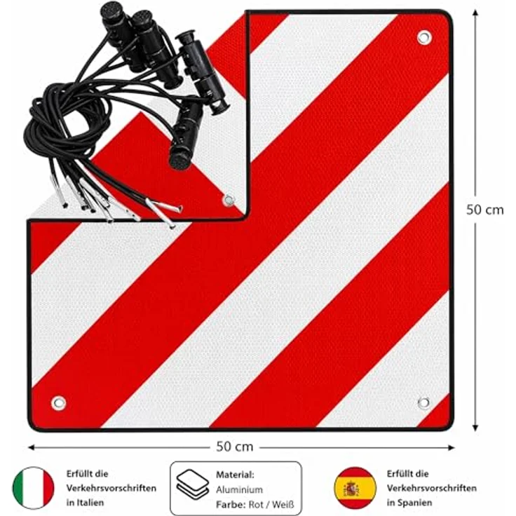 Mucola 2in1 Warntafel Spanien und Italien, Aluminium 500mm, rot-weiß, reflektierend, wetterfest, inkl. 4 Spannseile – Bild 3