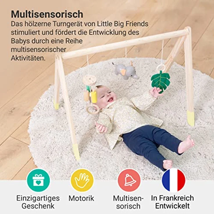 Little Big Friends Jungle Spielbogen aus Holz mit 3 hängenden Spielzeugen für Babys, Montessori-Spielzeug, 2 Designs - Farm & Dschungel – Bild 2