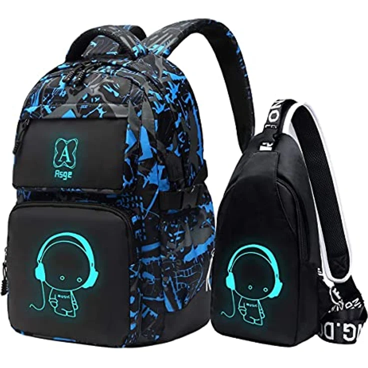 Asge Schulrucksack für Jungen und Mädchen, wasserdichter Rucksack für Teenager mit reflektierenden Elementen, groß für Schule und Outdoor, inkl. Schultertaschen Set, schwarz – Bild 1