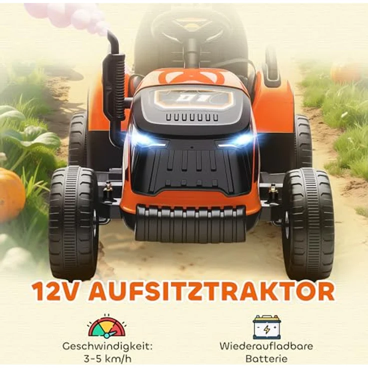 AIYAPLAY Elektrischer Kinder Traktor mit Anhänger, Aufsitztraktor mit Fernbedienung, 2 Motoren, 3-Gang, Musik und Hupe, Sanft Start, 3-5 km/h, Orange, für 3-8 Jahre – Bild 3
