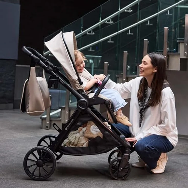 Kinderkraft VESTO 2, 3-in-1-Kinderwagen mit Babywanne, MINK PRO 2 Autositz, wendbarem Sportsitz, Travel System, Beige – Bild 2