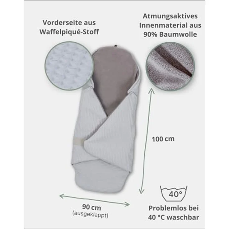 ULLENBOOM Einschlagdecke Babyschale Sommer, 100% OEKO-TEX Material, grau, für gängige Kindersitze, ideal für 0 bis 9 Monate – Bild 3