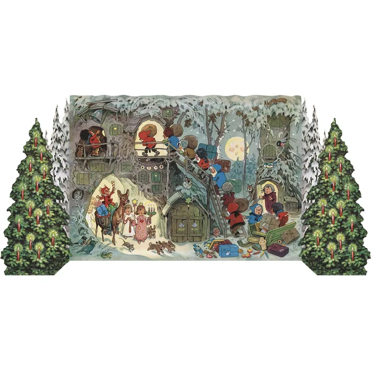 Korsch Adventskalender "Zwergleins Weihnacht", nostalgischer Falt-Adventskalender mit Silberglimmer, konturgestanzte Tannenbäume zum Aufstellen