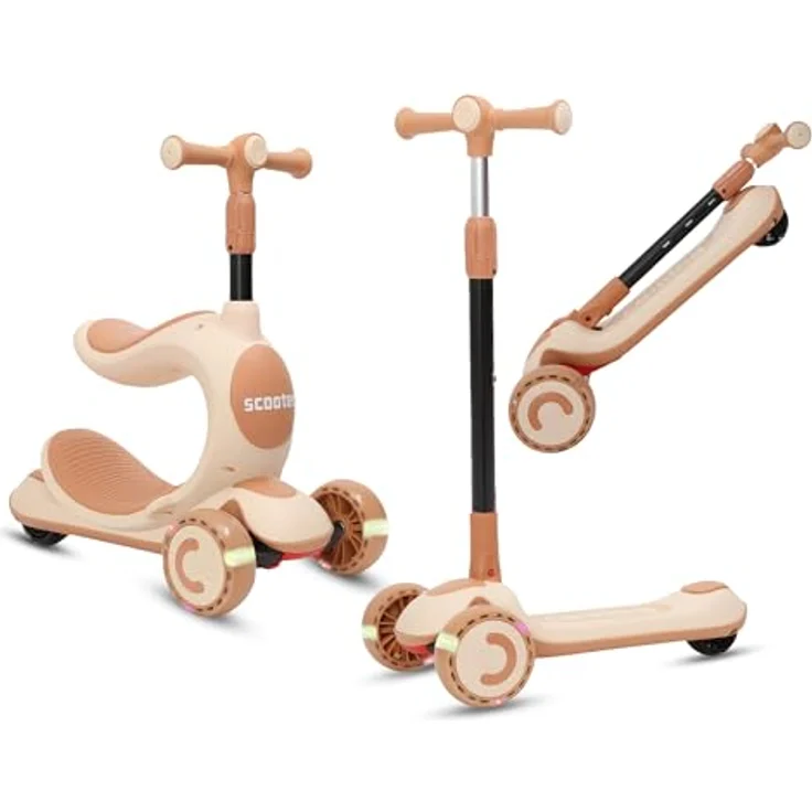 Habib Gruppe 3-in-1 Kinder Roller Dreirad mit Sitz & LED Rädern, höhenverstellbar & faltbar, Khaki, ideal für Kinder 2-10 Jahre, sicher & robust – Bild 1